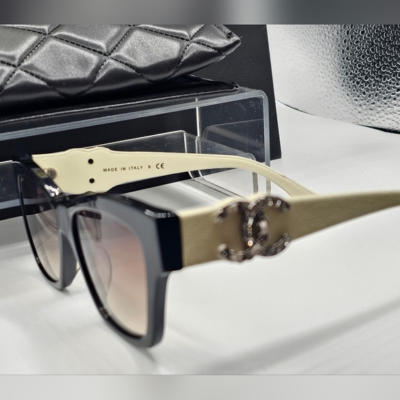 CHANEL CREAM AND BLACK SUNGLASSES CRYSTAL 5456QA C501S5 - Picture 6 of 12